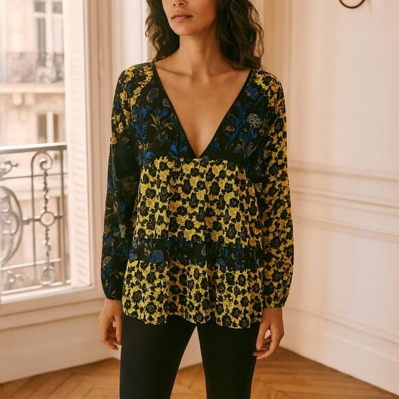 Free People Black Blue Yellow Floral V Neck Sheer Oversize Top Large - Picture 1 of 9